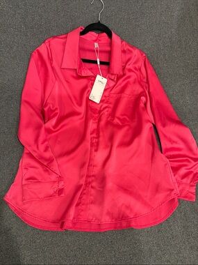 Bright Fuchsia Satin Button-Up Blouse